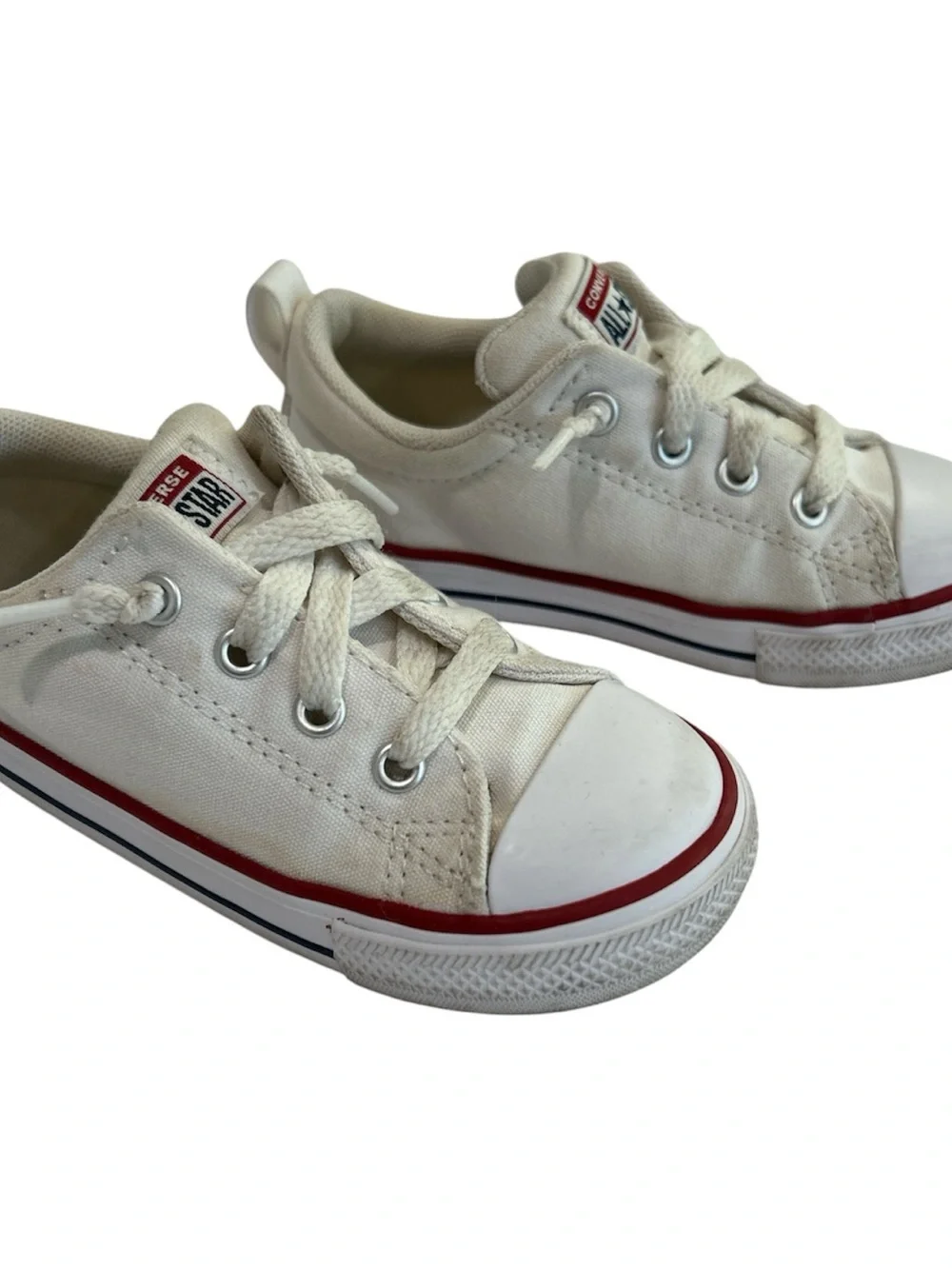 Converse Kids Low Top Canvas Sneakers in White and Red Trim